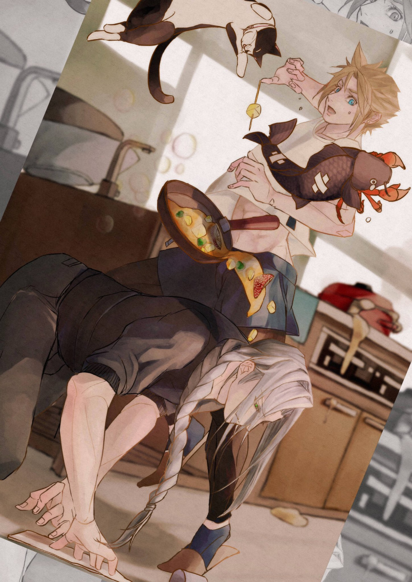 2boys all_fours alternate_costume alternate_hairstyle arm_up bandaid black_leggings black_pants black_shirt blonde_hair blue_eyes blue_shorts blue_socks braid bubble cat cleaning cloud_strife commentary_request cooking crab cupboard day dropped_food dropping dutch_angle falling final_fantasy final_fantasy_vii fish food frying_pan full_body grey_hair hair_over_shoulder highres imminent_injury indoors jumping kitchen kneeling leggings long_bangs long_hair looking_down male_focus messy midriff_peek multiple_boys muscular muscular_male open_mouth pants plate sephiroth shirt short_hair shorts single_braid sink sleeves_rolled_up slippers socks solo spiky_hair standing stove sweatdrop white_shirt yakinik10790100