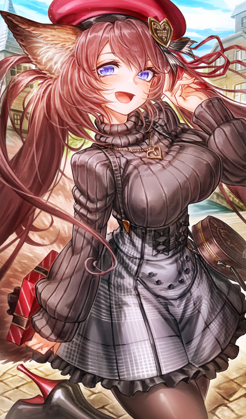 :d animal_ears black_sweater blue_sky breasts brown_hair brown_pantyhose building caleen_keemosn clouds day frilled_skirt frills grey_skirt hand_up hat heart_pendant heel_up high_heels highres jewelry large_breasts long_hair long_sleeves looking_at_viewer open_mouth outdoors oyu_udon pantyhose pendant pleated_skirt red_headwear ribbed_sweater skirt sky sleeves_past_wrists smile standing standing_on_one_leg star_ocean star_ocean_anamnesis stone_floor sweater turtleneck turtleneck_sweater twintails violet_eyes window