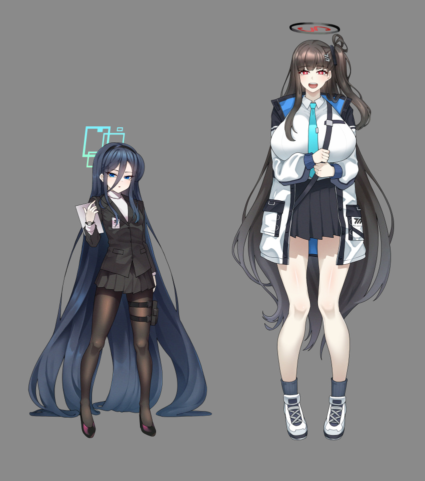 2girls absurdly_long_hair absurdres aqua_halo aqua_necktie aris_(blue_archive) aris_(blue_archive)_(cosplay) black_footwear black_hair black_halo black_pantyhose black_skirt black_suit blue_archive blue_eyes blunt_bangs breasts bright_pupils collared_shirt cosplay costume_switch hair_between_eyes hair_ornament hairclip halo height_difference high_heels highres holding holding_tablet_pc large_breasts long_hair long_hair_between_eyes long_sleeves looking_at_viewer miniskirt multiple_girls necktie noonnoon531 one_side_up open_mouth pantyhose pleated_skirt rectangular_halo red_eyes rio_(blue_archive) rio_(blue_archive)_(cosplay) round_teeth shirt skirt smile suit sweater tablet_pc teeth turtleneck turtleneck_sweater upper_teeth_only very_long_hair white_pupils white_shirt white_sweater