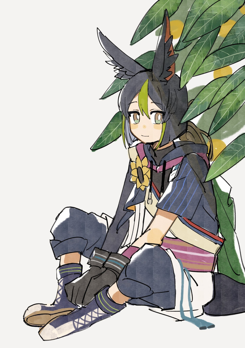 1boy animal_ear_fluff animal_ears asymmetrical_sleeves black_gloves black_hair boots closed_mouth flower fox_boy fox_ears fox_tail genshin_impact gloves grey_background grey_hair highres looking_at_viewer male_focus mismatched_sleeves multicolored_hair plant shinmai_tabino5 shoes simple_background sitting solo tail tighnari_(genshin_impact) yellow_flower