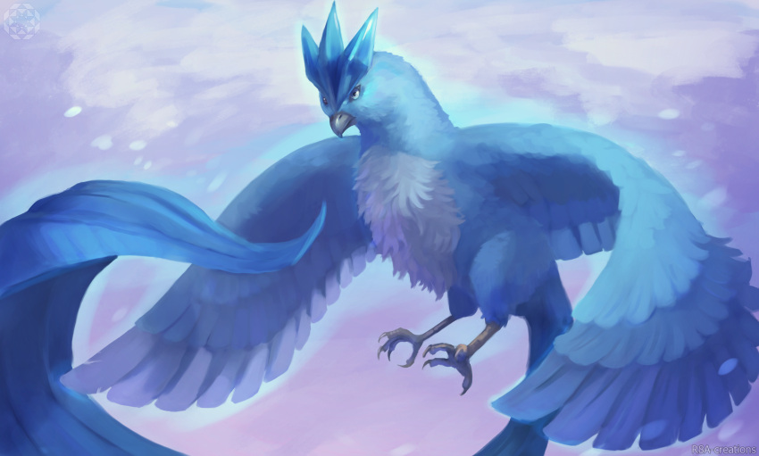 absurdres animal_focus articuno artist_logo bird blue_eyes claws closed_mouth clouds cloudy_sky commentary english_commentary flying full_body highres making-of_available outdoors pokemon pokemon_(creature) r8a-creations sky solo speedpaint spread_wings talons