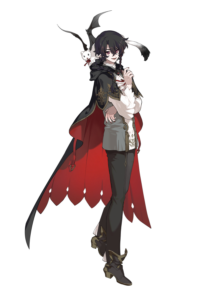 1boy :d absurdres black_cape black_footwear black_hair black_pants braid cape fang full_body hair_between_eyes highres incredibly_absurdres long_sleeves lower_teeth_only male_focus nail_polish nijisanji official_art open_mouth pants pointy_ears red_eyes red_nails samael_(virtuareal) shirt slit_pupils smile solo standing tachi-e teeth tongue towtow_redoland transparent_background virtual_youtuber virtuareal white_shirt