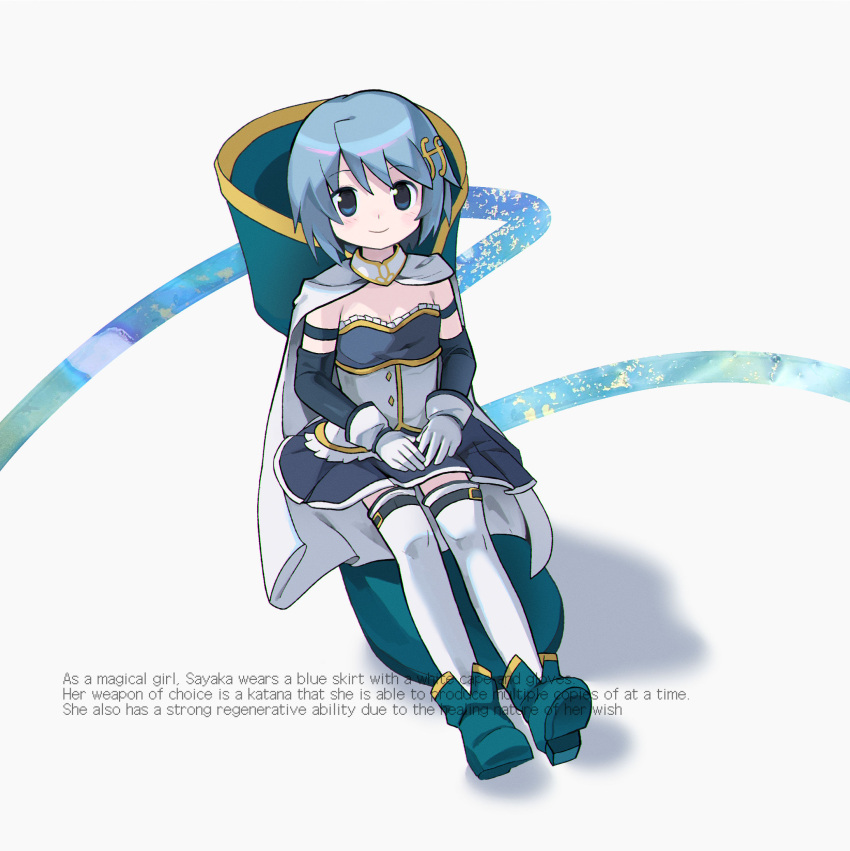 1girl blue_eyes blue_footwear blue_hair boots cape detached_sleeves english_text frills from_above gloves hair_ornament hairclip highres mahou_shoujo_madoka_magica mahou_shoujo_madoka_magica_(anime) miki_sayaka morizo_(morizoshop) musical_note musical_note_hair_ornament pleated_skirt short_hair simple_background sitting skirt smile solo thigh-highs white_cape white_gloves white_thighhighs