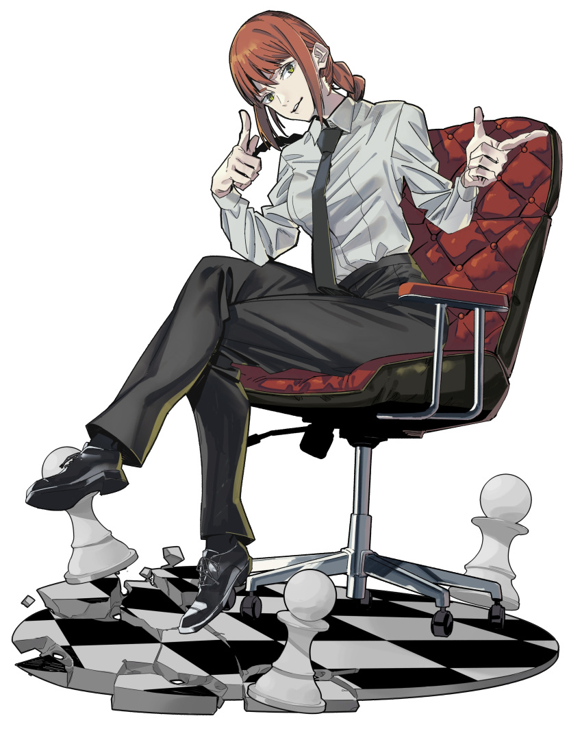 1girl absurdres black_footwear black_necktie black_pants braid braided_ponytail breasts chainsaw_man chair chess_piece collared_shirt highres long_hair long_sleeves looking_at_viewer makima_(chainsaw_man) necktie pants pointing redhead ringed_eyes shirt shoes simple_background sitting smile solo taisowbukurow white_background white_shirt yellow_eyes