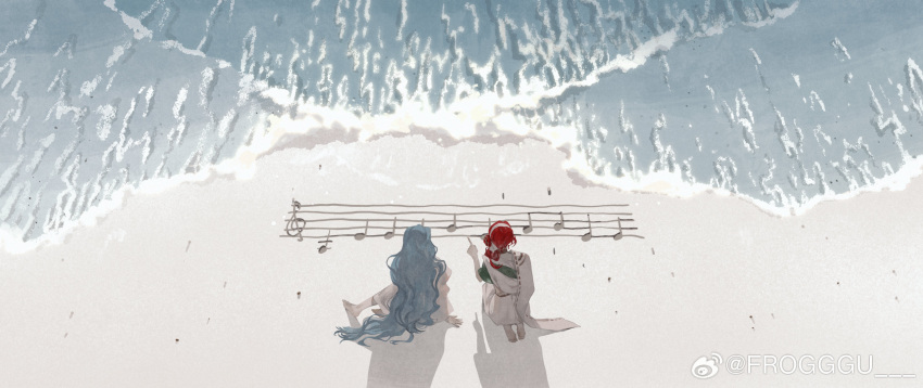 2girls 37_(reverse:1999) ancient_greek_clothes beach blue_hair curly_hair day facing_away frogggu from_above from_behind greco-roman_clothes hair_bun hairband highres long_hair medium_hair multiple_girls musical_note ocean on_ground outdoors pointing quarter_note redhead reverse:1999 sand sand_writing seiza shadow single_side_bun sitting sophia_(reverse:1999) staff_(music) treble_clef very_long_hair weibo_logo weibo_username white_hairband wide_shot