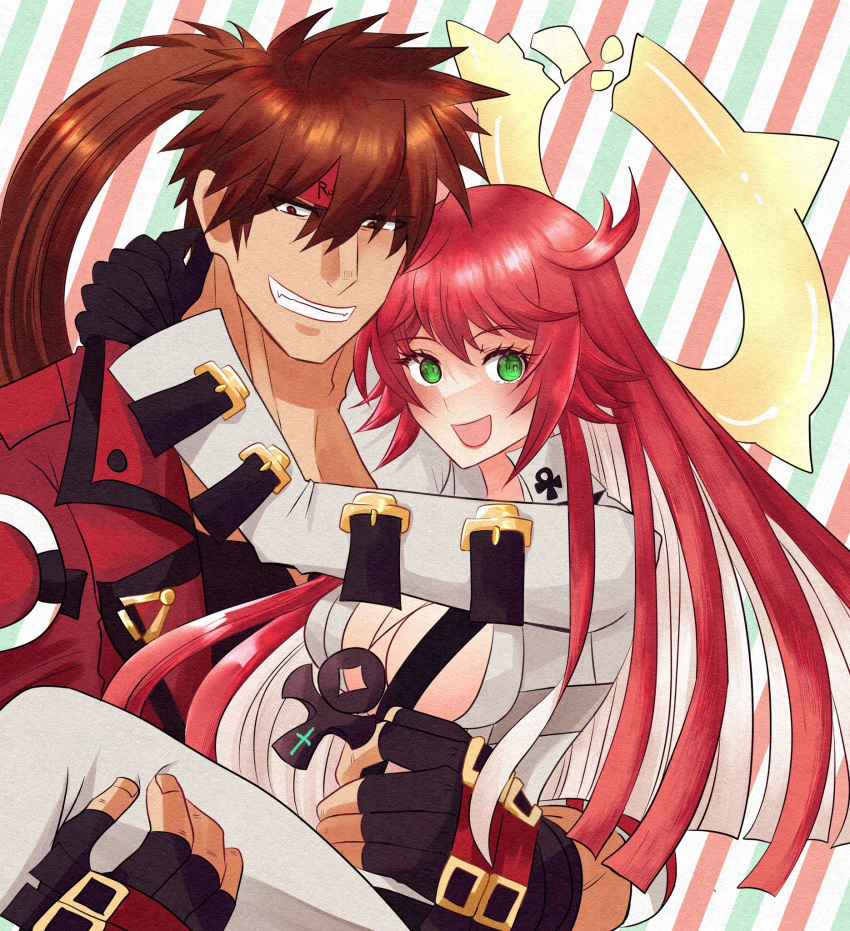 abs ankh bodysuit breasts broken_halo brown_hair compass_rose_halo couple gloves green_eyes guilty_gear guilty_gear_strive halo highres hug husband_and_wife jack-o'_valentine jacket looking_at_viewer pectorals redhead smile sol_badguy ume_(okum_00)