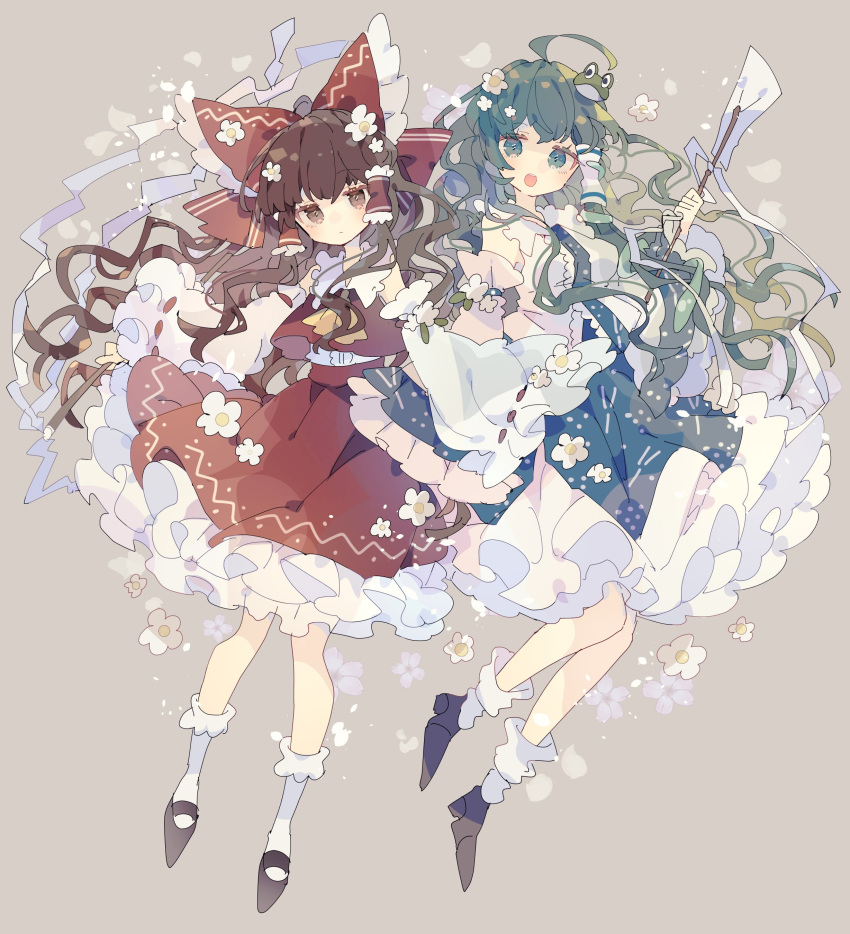 2girls absurdres ascot bow brown_eyes brown_hair commentary detached_sleeves flower frilled_bow frilled_hair_tubes frills frog_hair_ornament gohei green_eyes green_hair hair_bow hair_ornament hair_tubes hakurei_reimu highres holding holding_gohei kochiya_sanae light_blush long_hair looking_at_viewer multiple_girls nikorashi-ka open_mouth red_bow red_skirt ribbon-trimmed_sleeves ribbon_trim single_hair_tube skirt skirt_set snake_hair_ornament touhou very_long_hair white_flower yellow_ascot