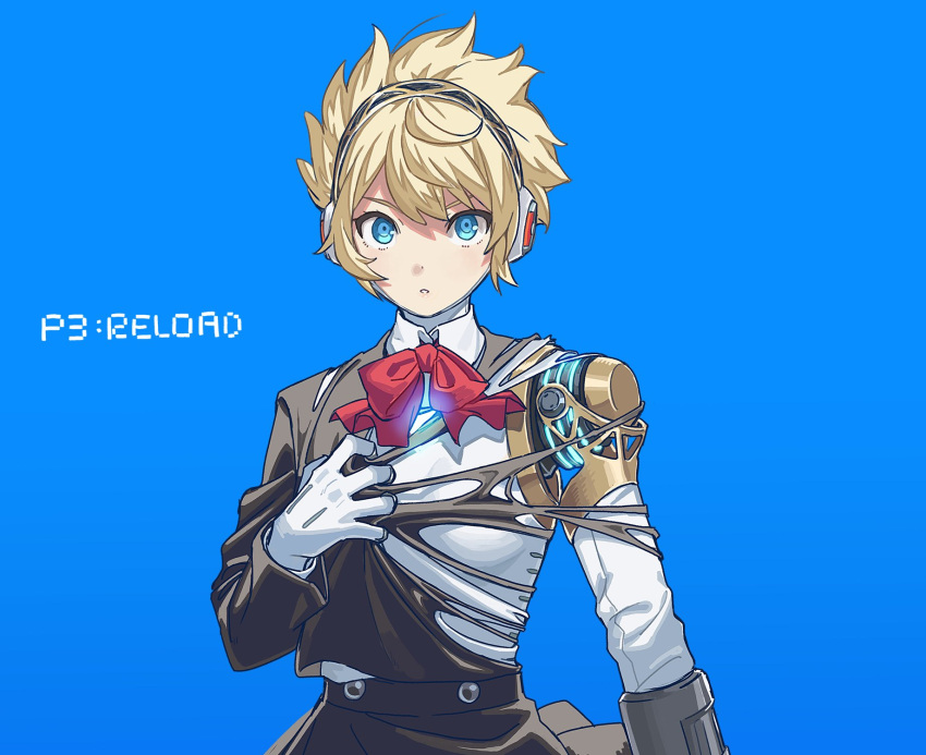 1girl aegis_(persona) android arm_cannon black_jacket black_skirt blonde_hair blue_background blue_eyes bow bowtie breasts copyright_name highres jacket joints looking_at_viewer medium_breasts parted_lips persona persona_3 persona_3_reload red_bow red_bowtie robot_joints short_hair simple_background skirt solo teshima_nari torn_clothes torn_jacket weapon