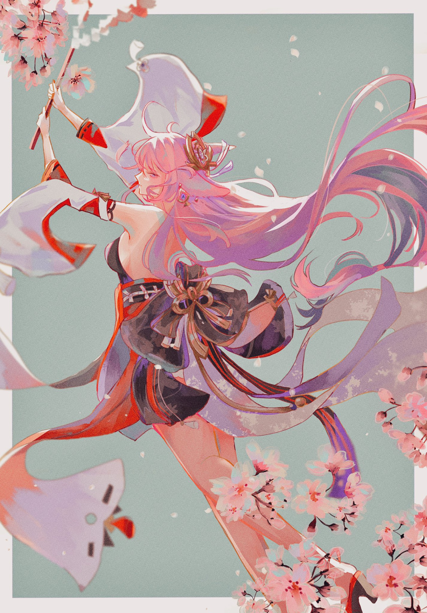 1girl animal_ears arms_up backless_outfit bare_legs bare_shoulders blue_background branch breasts cherry_blossoms detached_sleeves earrings fox_ears from_side full_body genshin_impact hair_ornament high_heels highres jewelry long_hair looking_at_viewer looking_to_the_side nontraditional_miko omochichi96 pink_hair sideboob sleeveless solo yae_miko