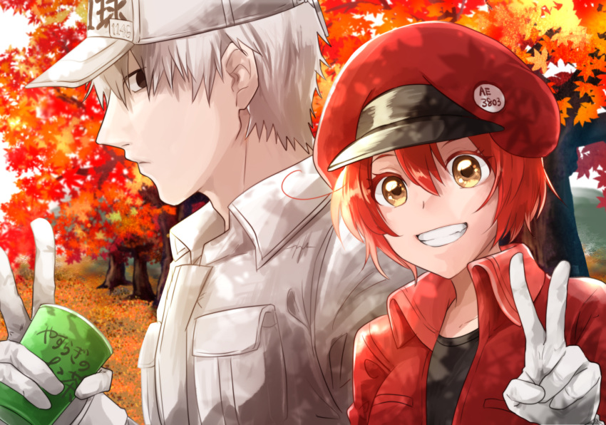 1boy 1girl ae-3803 autumn autumn_leaves baseball_cap black_eyes black_shirt breast_pocket cabbie_hat close-up clothes_writing collared_shirt commentary_request couple cup drink empty_eyes gloves grass green_tea grin hair_between_eyes hat hataraku_saibou height_difference highres holding holding_cup holding_drink jacket leaf looking_at_viewer looking_to_the_side loose_hair_strand maple_leaf n_yukiura open_clothes open_jacket outdoors pale_skin pocket red_blood_cell_(hataraku_saibou) red_headwear red_jacket shirt short_hair sky smile t-shirt tea tree u-1146 uniform v white_blood_cell_(hataraku_saibou) white_gloves white_hair white_headwear white_shirt white_sky yellow_eyes