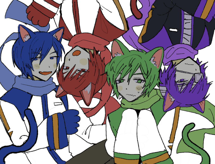 4boys akaito animal_ears animal_hands bandaged_head bandages black_coat blue_eyes blue_hair blue_scarf blush_stickers brothers cat_boy cat_ears cat_tail coat commentary eyepatch fang fuyuno_(ramentaro23) green_eyes green_hair hand_up hands_up highres kaito_(vocaloid) looking_at_viewer looking_to_the_side male_focus multicolored_coat multiple_boys muted_color nigaito open_mouth own_hands_together purple_hair purple_scarf red_eyes red_scarf redhead rotational_symmetry scarf short_hair siblings simple_background skin_fang sleeve_cuffs sweatdrop tail taito_(vocaloid) upper_body very_long_sleeves violet_eyes vocaloid white_background white_coat