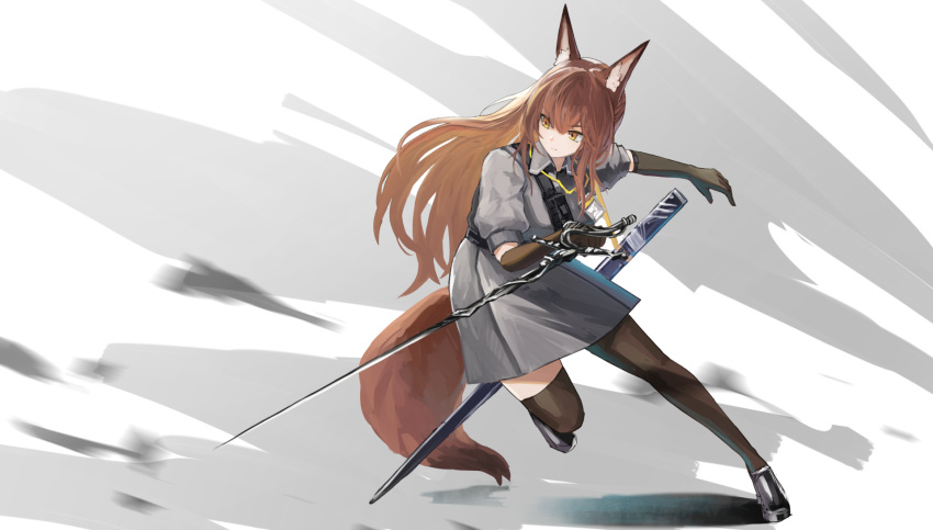 1girl animal_ear_fluff animal_ears arknights black_footwear brown_gloves brown_hair brown_tail brown_thighhighs closed_mouth collared_shirt dodging elbow_gloves expressionless fox_ears fox_girl fox_tail franka_(arknights) full_body gloves grey_background grey_shirt grey_skirt hair_between_eyes highres holding holding_sword holding_weapon jumping lanyard long_hair looking_to_the_side puffy_short_sleeves puffy_sleeves rapier scabbard sentou_kouhei_kitsune sheath shirt shoes short_sleeves sketch_background skirt skirt_set solo strap sword tail thigh-highs unsheathed weapon white_background yellow_eyes