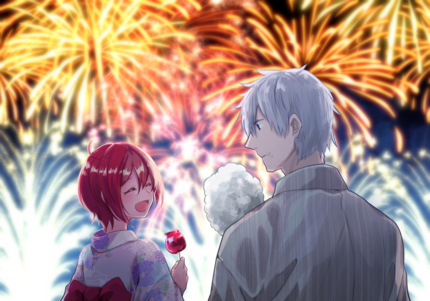 1boy 1girl :d ae-3803 ahoge black_eyes black_sky blurry blurry_background bow candy_apple closed_eyes commentary_request cotton_candy couple depth_of_field empty_eyes facing_another fireworks food from_behind grey_kimono hair_between_eyes hataraku_saibou highres holding holding_food japanese_clothes kimono looking_at_another looking_to_the_side n_yukiura night night_sky obi open_mouth outdoors pale_skin purple_kimono red_blood_cell_(hataraku_saibou) red_bow red_sash redhead sash short_hair sky smile summer u-1146 white_blood_cell_(hataraku_saibou) white_hair yukata