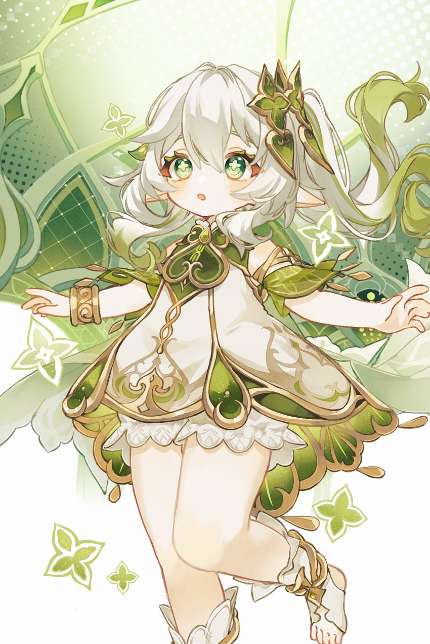 1girl :o bloomers blush bracelet commentary_request cross-shaped_pupils detached_sleeves dress eyelashes floating_hair genshin_impact gold_trim green_background green_dress green_eyes green_hair green_sleeves hair_between_eyes hair_ornament highres jewelry leaf_hair_ornament leg_up long_hair multicolored_hair nahida_(genshin_impact) nunnunnnnnnnu open_mouth pointy_ears ponytail short_sleeves side_ponytail sidelocks simple_background sleeveless sleeveless_dress solo streaked_hair symbol-shaped_pupils white_background white_bloomers white_dress white_hair