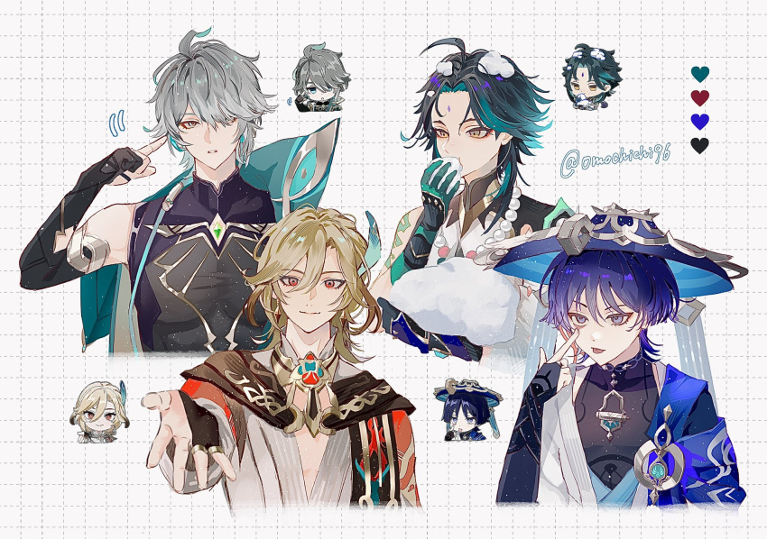 4boys :p alhaitham_(genshin_impact) anemo_symbol_(genshin_impact) beckoning black_hair blonde_hair chibi eating_snow eyelid_pull eyeshadow genshin_impact gloves green_hair grey_hair hat high_collar highres holding_snowball jewelry kaveh_(genshin_impact) looking_at_viewer makeup medium_hair multicolored_hair multiple_boys necklace omochichi96 open_clothes open_shirt outstretched_hand patterned_background pearl_necklace pointing pointing_at_self purple_hair red_eyeshadow scaramouche_(genshin_impact) shirt short_hair simple_background sleeveless sleeveless_shirt snow_on_head tongue tongue_out upper_body vision_(genshin_impact) wanderer_(genshin_impact) white_background wide_brim xiao_(genshin_impact) yellow_eyes