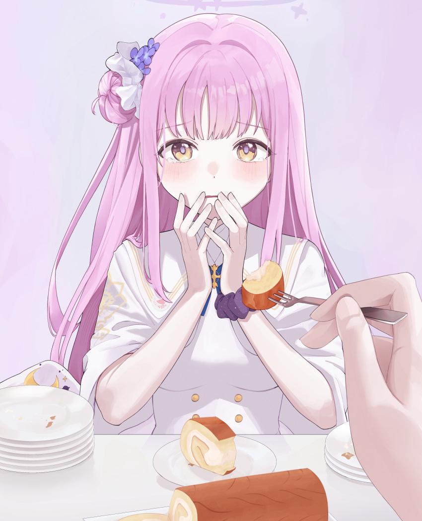 1boy 1girl absurdres angel_wings bimo_(bimo_koa) blue_archive blunt_bangs cake capelet commentary covering_own_mouth crying crying_with_eyes_open feeding flower food fork hair_bun hair_flower hair_ornament hair_scrunchie halo highres holding holding_fork long_hair looking_at_viewer mika_(blue_archive) one_side_up out_of_frame parted_lips pink_hair plate pov pov_hands sad school_uniform scrunchie sensei_(blue_archive) sidelocks simple_background single_side_bun swiss_roll tearing_up tears white_capelet white_wings wings wrist_scrunchie yellow_eyes