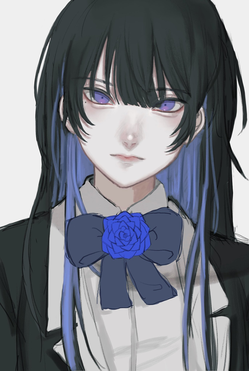 1girl ado_(utaite) aegyo_sal black_coat black_hair blue_bow blue_bowtie blue_flower blue_hair blue_rose bow bowtie chando_(ado) closed_mouth cloud_nine_inc coat collared_shirt colored_inner_hair commentary dress_shirt flower flower_brooch grey_background hair_between_eyes hashtag_only_commentary head_tilt highres long_hair looking_at_viewer mole mole_under_eye multicolored_hair open_clothes open_coat raiko_(rai_ko_34) rose shirt simple_background solo upper_body utaite violet_eyes white_shirt