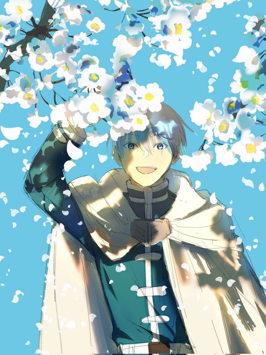 1boy arm_up blue_background blue_eyes blue_hair blue_jacket branch capelet chamwa commentary day english_commentary flower highres himmel_(sousou_no_frieren) jacket long_sleeves looking_at_viewer male_focus open_mouth outdoors short_hair simple_background smile solo sousou_no_frieren upper_body white_capelet white_flower