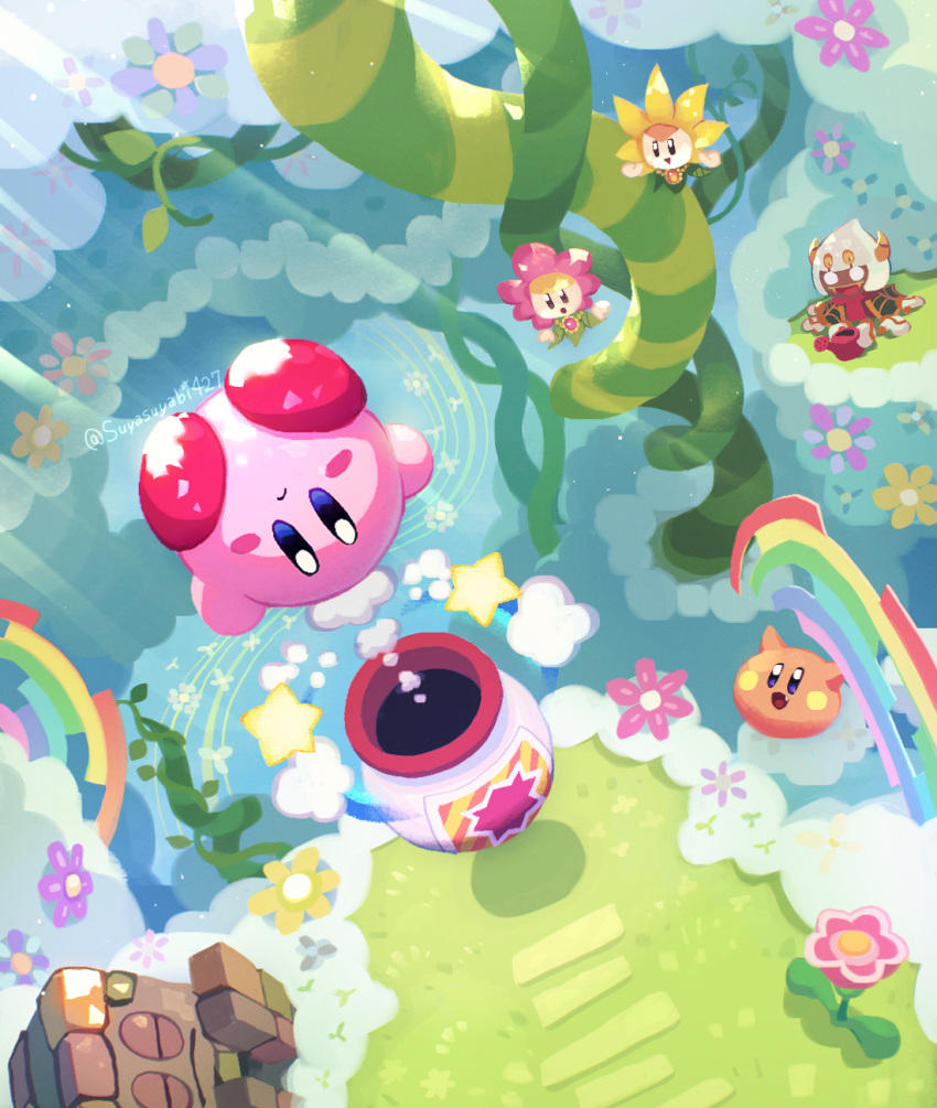 :d artist_name bean_stalk blocky_(kirby) blue_eyes blunt_bangs blush blush_stickers cannon capelet closed_eyes closed_mouth clouds commentary_request day dreamstalk fang flower frown gloves grass green_capelet highres holding holding_watering_can horns jewelry kirby kirby:_triple_deluxe kirby_(series) light_particles light_rays necklace open_mouth orange_horns outdoors people_of_the_sky pink_flower plant purple_flower rainbow red_scarf scarf scarfy short_hair smile smoke star_(symbol) sunlight suyasuyabi taranza twitter_username upside-down vines violet_eyes watering_can white_gloves white_hair yellow_flower