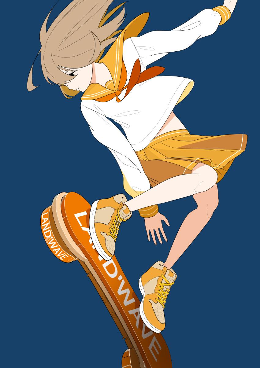 1girl absurdres bananafish1111 black_eyes blue_background brown_hair commentary english_commentary highres hoverboard original pleated_skirt school_uniform serafuku shoes simple_background skirt sneakers solo