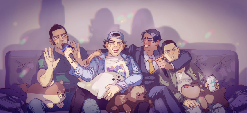4boys arm_around_neck arm_around_shoulder asirpa backwards_hat baseball_cap beard_stubble black_hair blue_headwear blue_pants brown_hair can character_print chengongzi123 closed_eyes collared_jacket collared_shirt couch crossed_legs dark-skinned_male dark_skin denim denim_jacket drink_can facial_hair facing_another golden_kamuy green_jacket green_shirt grey_background grey_pants grin hands_up hat highres holding holding_can indoors jacket karaoke koito_otonoshin leaning_on_person long_sleeves looking_at_another male_focus multiple_boys necktie on_couch open_mouth pants pillow purple_background scar scar_on_face shadow shirt short_hair sideburns sitting smile soda_can stubble stuffed_animal stuffed_dog stuffed_reindeer stuffed_seal stuffed_toy sugimoto_saichi suit tanigaki_genjirou tsukishima_hajime very_short_hair yellow_necktie