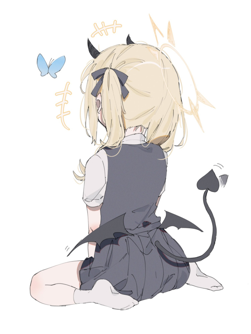 1girl black_horns black_tail black_wings blonde_hair blue_archive bug butterfly demon_girl demon_horns demon_tail demon_wings halo highres horns ibuki_(blue_archive) motion_blur motion_lines noyama_(prosiuttooishi) pointy_ears sitting socks solo tail tail_wagging wariza white_background wings yellow_halo