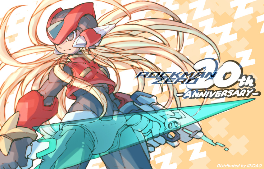 1boy anniversary blonde_hair closed_mouth commentary_request dual_wielding energy_sword floating_hair gun helmet highres holding holding_gun holding_sword holding_weapon iikoao long_hair male_focus mega_man_(series) mega_man_zero_(series) red_headwear serious solo standing sword very_long_hair weapon z_saber zero(z)_(mega_man) zero_(mega_man)