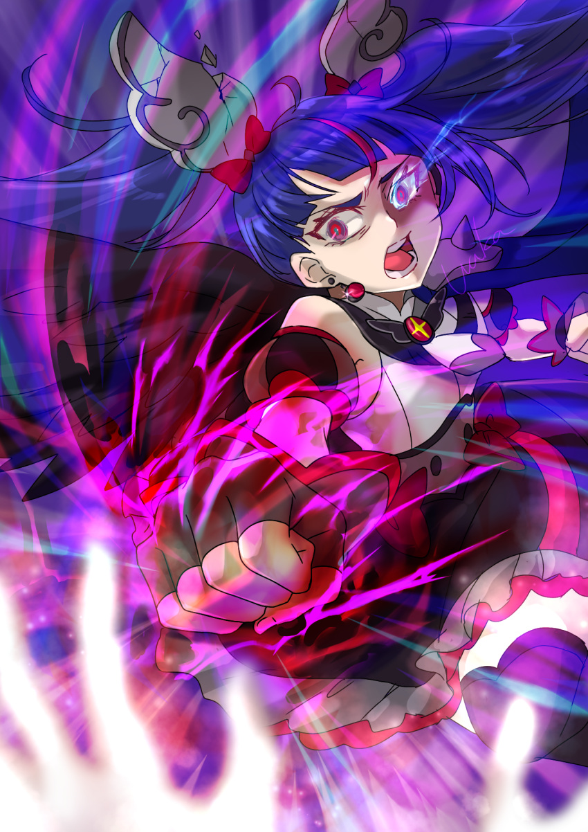 1girl 1other armor black_dress black_gloves black_wings blue_hair blue_thighhighs blurry blurry_foreground bow brooch clenched_hand commentary corruption cure_sky cut_bangs dark_cure_sky dark_persona depth_of_field detached_sleeves dress dress_bow earrings energy feathered_wings fingerless_gloves foreshortening frilled_dress frills frown gloves glowing glowing_eyes highres hirogaru_sky!_precure jewelry long_hair looking_at_viewer magical_girl multicolored_hair open_mouth pauldrons pov precure puffy_detached_sleeves puffy_sleeves punching red_bow red_eyes redhead shoulder_armor single_pauldron sleeveless sleeveless_dress sora_harewataru spiked_pauldrons streaked_hair thigh-highs twintails two-tone_dress waka_(negronoir) white_dress wing_brooch wing_hair_ornament wings
