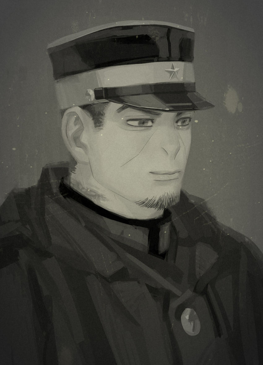 1boy chengongzi123 closed_mouth commentary facial_hair goatee_stubble golden_kamuy greyscale hat highres hood hooded_coat looking_to_the_side male_focus military_hat military_uniform monochrome portrait scar scar_on_neck short_hair smile solo stubble symbol-only_commentary tsukishima_hajime uniform very_short_hair