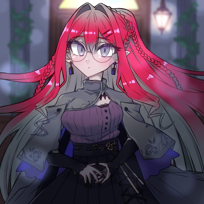 1girl :o amatsuba8586 baobhan_sith_(fate) baobhan_sith_(swimsuit_pretender)_(fate) baobhan_sith_(swimsuit_pretender)_(second_ascension)_(fate) black_nails black_skirt blush capelet earrings fate/grand_order fate_(series) glasses grey_capelet grey_eyes hair_ornament highres indoors jewelry long_hair long_sleeves looking_at_viewer nail_polish parted_lips pink_hair pointy_ears purple_shirt round_eyewear shirt sidelocks skirt solo