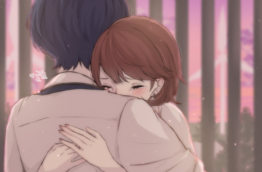 1boy 1girl blue_eyes blurry blurry_background blush brown_hair chako_(p4amg1208) closed_eyes clouds cloudy_sky collared_shirt couple crying earrings from_behind glint hands_on_another's_back heart highres hug jewelry outdoors persona persona_3 persona_3_reload pink_nails pink_sky rooftop shirt short_hair short_sleeves sky stud_earrings swept_bangs takeba_yukari tears upper_body white_shirt wind_turbine yuuki_makoto_(persona_3)