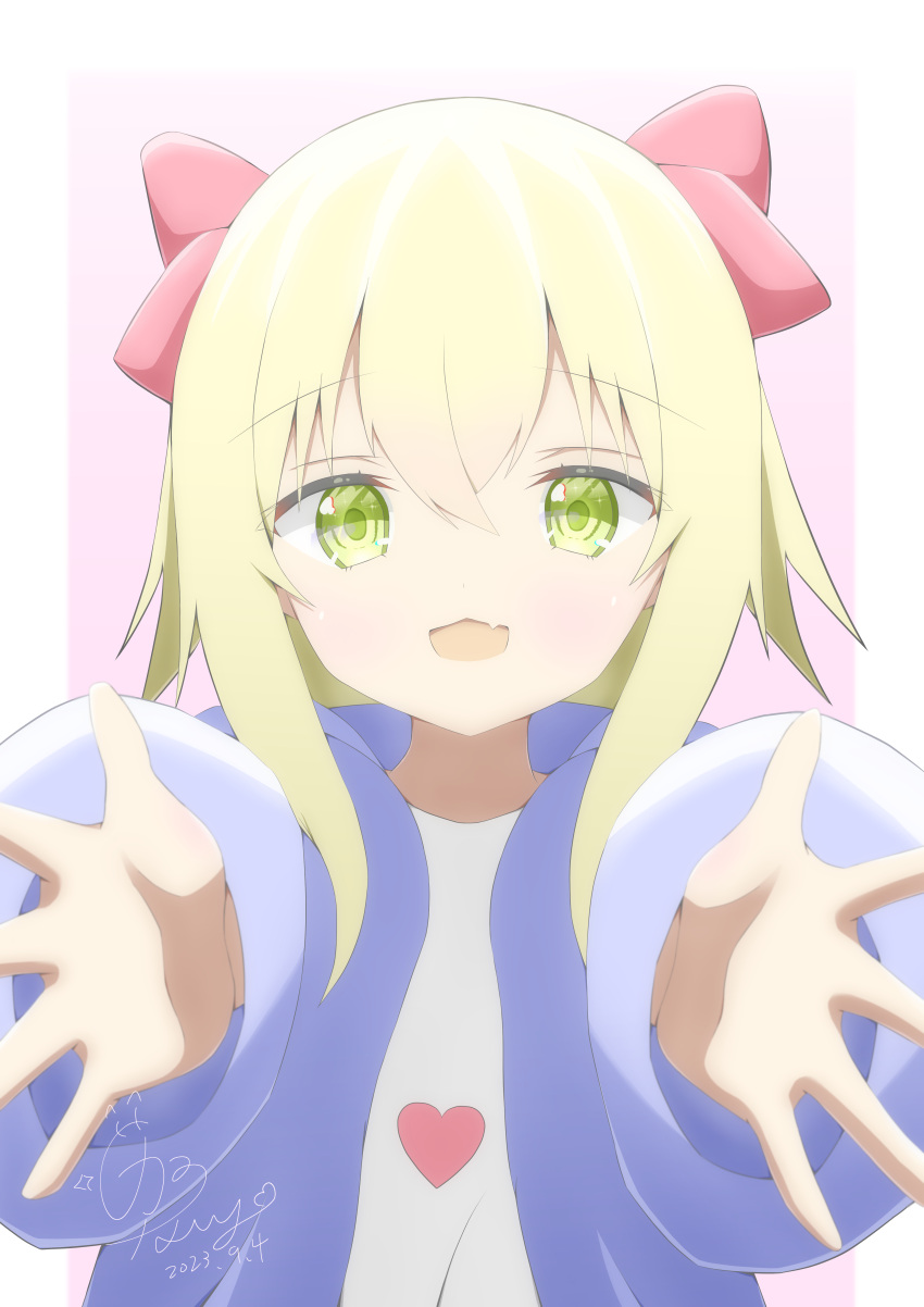 1girl :3 absurdres amane_rin blonde_hair bow dated fang green_eyes hair_bow heart heart_print highres jacket long_hair long_sleeves looking_at_viewer open_mouth original outstretched_arms reaching reaching_towards_viewer signature two_side_up