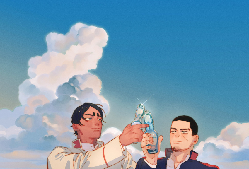 2boys black_hair blue_background blue_sky bottle chengongzi123 closed_mouth clouds collared_jacket collared_shirt dark-skinned_male dark_skin facial_hair glint goatee_stubble golden_kamuy green_eyes hand_up highres holding holding_bottle jacket long_sleeves looking_at_object male_focus military_uniform multiple_boys shirt short_hair sky smile stubble toasting_(gesture) uniform upper_body very_short_hair