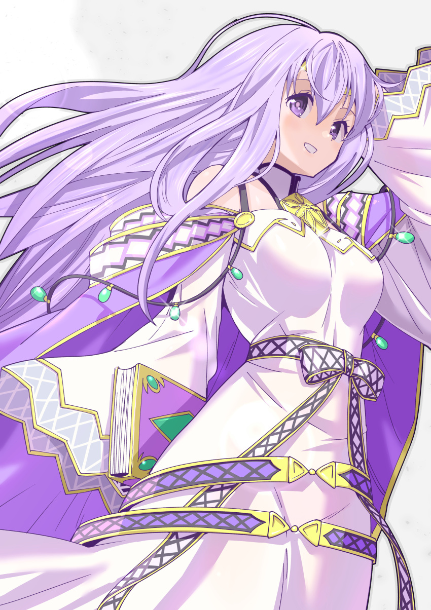 1girl absurdres arm_up book cape circlet dress fire_emblem fire_emblem:_genealogy_of_the_holy_war grin highres holding holding_book jewelry julia_(fire_emblem) long_hair looking_at_viewer purple_cape purple_hair simple_background smile solo tokucho3130599 violet_eyes wide_sleeves