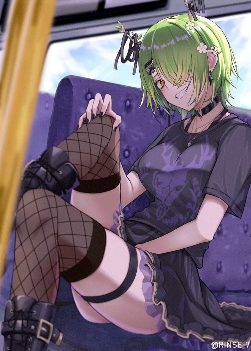 1girl antlers black_nails black_shirt black_skirt boots bus_interior casual ceres_fauna ceres_fauna_(4th_costume) choker earrings fishnet_thighhighs fishnets grin hair_ornament hair_over_one_eye hairclip highres hololive hololive_english horns jewelry looking_at_viewer mole mole_under_eye multiple_earrings nail_polish necklace official_alternate_costume official_alternate_hairstyle rinse_7 shirt short_hair sitting skirt smile solo t-shirt thigh-highs thigh_strap virtual_youtuber yellow_eyes zettai_ryouiki