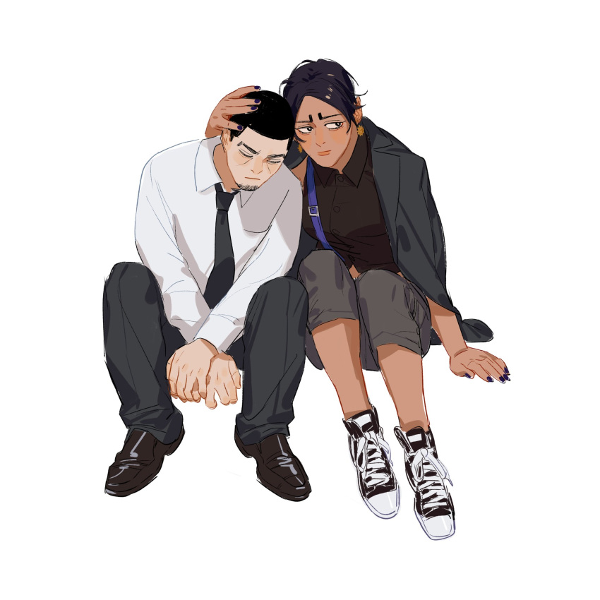 1boy 1girl black_eyes black_footwear black_hair black_nails black_necktie black_pants bright_pupils brown_shirt chengongzi123 closed_mouth collared_shirt dark-skinned_female dark_skin earrings facial_hair full_body genderswap genderswap_(mtf) goatee_stubble golden_kamuy grey_pants hand_on_another's_head highres invisible_chair jewelry koito_otonoshin leaning_on_person looking_at_viewer necktie pants shirt shoes short_hair simple_background sitting sneakers stubble tsukishima_hajime very_short_hair white_background white_shirt