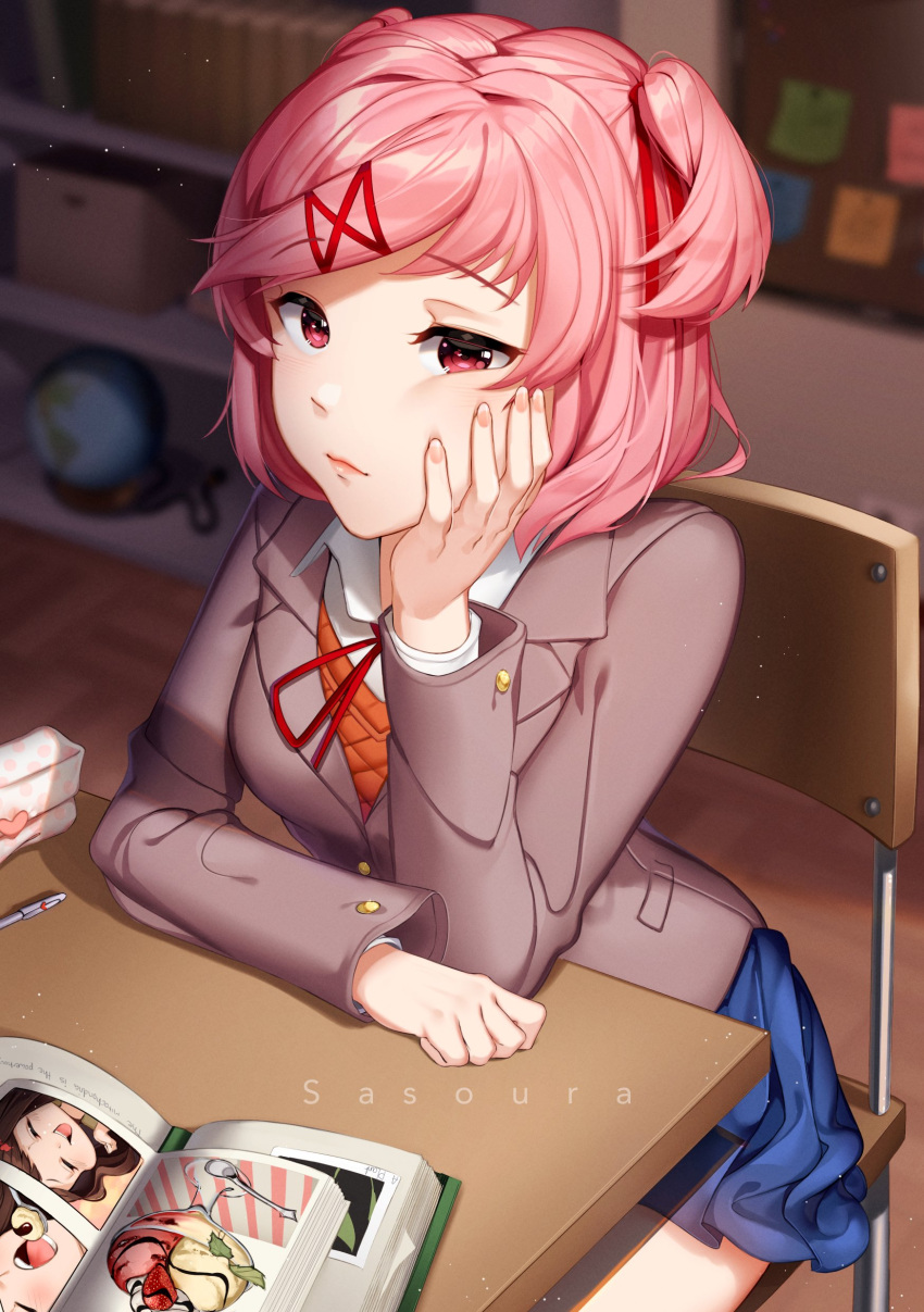 1girl absurdres arm_on_table artist_name blazer blue_skirt blurry blurry_background bob_cut book bookshelf bored box breasts brown_jacket brown_sweater_vest bulletin_board cardboard_box chair cheek_squash classroom closed_mouth desk doki_doki_literature_club dress_shirt elbow_rest globe hair_ornament hair_ribbon head_rest highres jacket light_particles looking_afar looking_ahead manga_(object) natsuki_(doki_doki_literature_club) on_chair open_book pencil pencil_case pink_hair pleated_skirt raised_eyebrows red_eyes red_ribbon ribbon sasoura school_chair school_desk school_uniform shirt short_hair sitting skirt small_breasts solo sweater_vest swept_bangs textbook two_side_up white_shirt x_hair_ornament