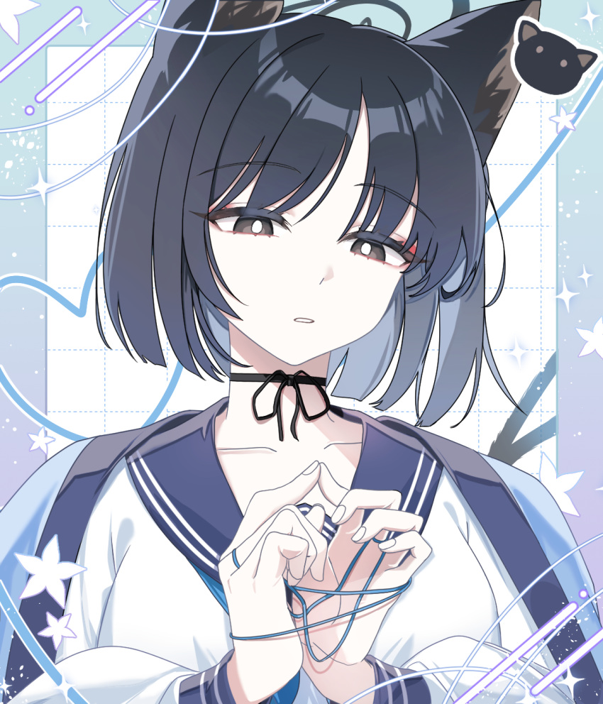 1girl animal_ears black_choker black_eyes black_hair blue_archive blue_sailor_collar bright_pupils cat's_cradle cat_ears choker collarbone commentary_request halo haori heart highres index_fingers_together inset_border japanese_clothes kikyou_(blue_archive) own_hands_together portrait ribbon_choker sailor_collar school_uniform serafuku short_hair solo zzinbbang