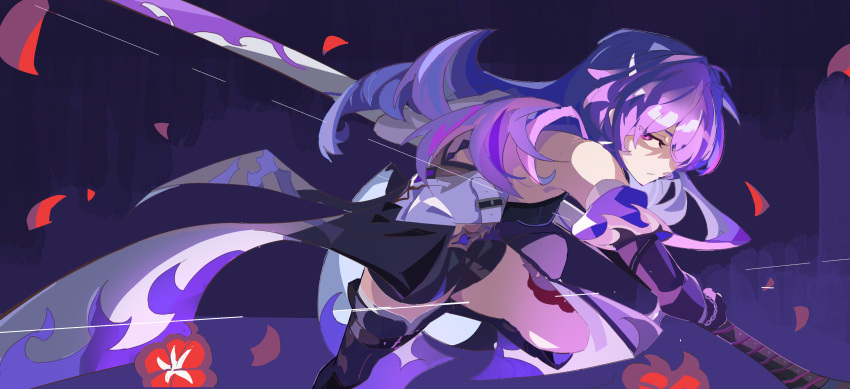 1girl absurdres acheron_(honkai:_star_rail) asymmetrical_footwear black_footwear black_shorts boots bow elbow_gloves flower gloves highres holding holding_sword holding_weapon honkai:_star_rail honkai_(series) leg_tattoo long_hair looking_at_viewer purple_bow purple_hair red_petals shorts single_bare_shoulder solo sword tattoo thighs violet_eyes weapon zb_relic