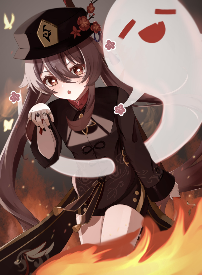 1girl absurdres bare_legs black_headwear black_nails black_shorts boo_tao_(genshin_impact) brown_coat brown_eyes brown_hair bug butterfly coat coattails fang fire flower flower-shaped_pupils forest genshin_impact ghost ghost_pose gold_trim grey_sky hair_between_eyes hat hat_flower highres holding holding_polearm holding_weapon hu_tao_(genshin_impact) jewelry long_hair long_sleeves multiple_rings nature open_mouth outdoors polearm pomufuwari porkpie_hat red_flower red_shirt ring shirt short_shorts shorts sidelocks sky sparks staff_of_homa_(genshin_impact) symbol-shaped_pupils tassel twintails v-shaped_eyebrows very_long_hair weapon wide_sleeves