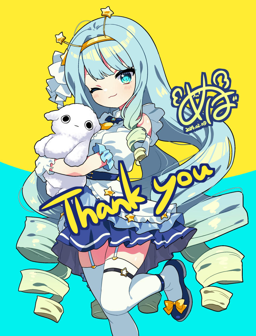 1girl absurdres aqua_hair blue_bow blue_footwear blue_skirt blunt_bangs bow brooch commission cropped_legs curly_hair detached_sleeves frilled_shirt frilled_skirt frills gloves gradient_hair green_hair hair_ornament headband highres idol_clothes jelly_hoshiumi jewelry long_hair looking_at_viewer multicolored_hair one_eye_closed phase_connect puffy_detached_sleeves puffy_short_sleeves puffy_sleeves ryo_(0626kk) sheep shirt short_sleeves sidelocks simple_background skeb_commission skirt stuffed_animal stuffed_toy thigh-highs two-tone_hair very_long_hair virtual_youtuber white_gloves white_shirt white_thighhighs yellow_bow yellow_headband