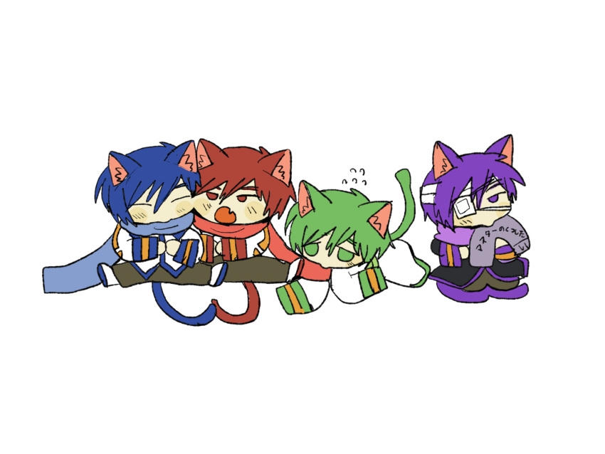 4boys akaito animal_ears bandaged_head bandages black_coat blue_hair blue_scarf blush_stickers brothers brown_pants cat_boy cat_ears cat_tail cheek-to-cheek chibi closed_eyes coat commentary_request eyepatch fang flying_sweatdrops full_body fuyuno_(ramentaro23) green_eyes green_hair heads_together highres holding holding_clothes holding_scarf kaito_(vocaloid) kemonomimi_mode kneeling lineup looking_at_another lying male_focus multicolored_coat multiple_boys nigaito on_stomach open_mouth own_hands_together pants purple_hair purple_scarf red_coat red_eyes red_scarf redhead scarf shoes short_hair siblings simple_background sitting skin_fang tail taito_(vocaloid) translation_request very_long_sleeves violet_eyes vocaloid white_background white_coat white_footwear
