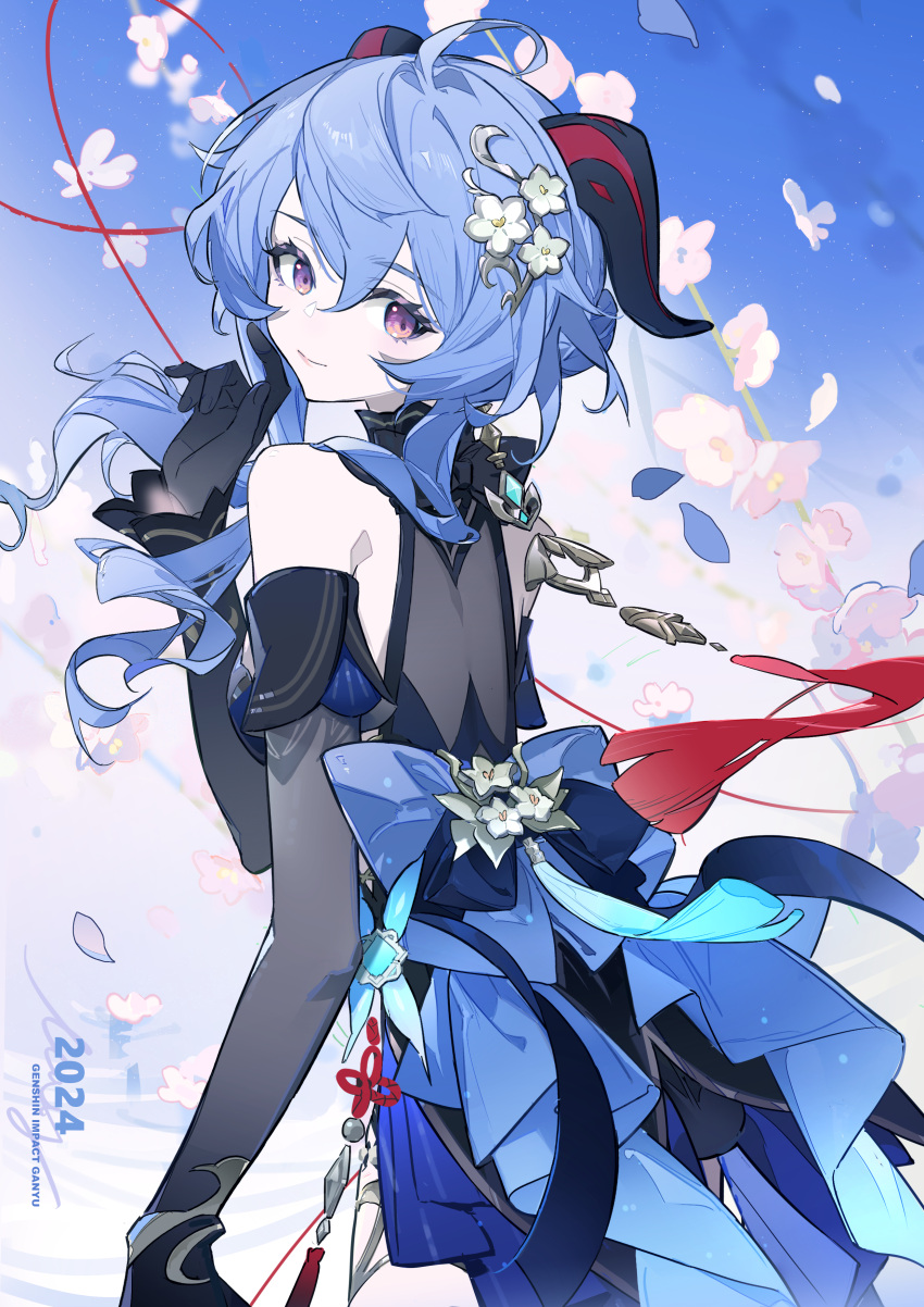 1girl 2024 absurdres ahoge back_bow bare_shoulders black_dress black_gloves black_sleeves blue_dress blue_hair bow character_name closed_mouth commentary_request copyright_name cowboy_shot detached_sleeves dress flower from_behind ganyu_(genshin_impact) ganyu_(twilight_blossom)_(genshin_impact) genshin_impact gloves goat_horns hand_up highres horns long_hair looking_at_viewer looking_back multicolored_clothes multicolored_dress official_alternate_costume pink_flower shiliudoudou568 sleeveless sleeveless_dress smile solo tassel violet_eyes