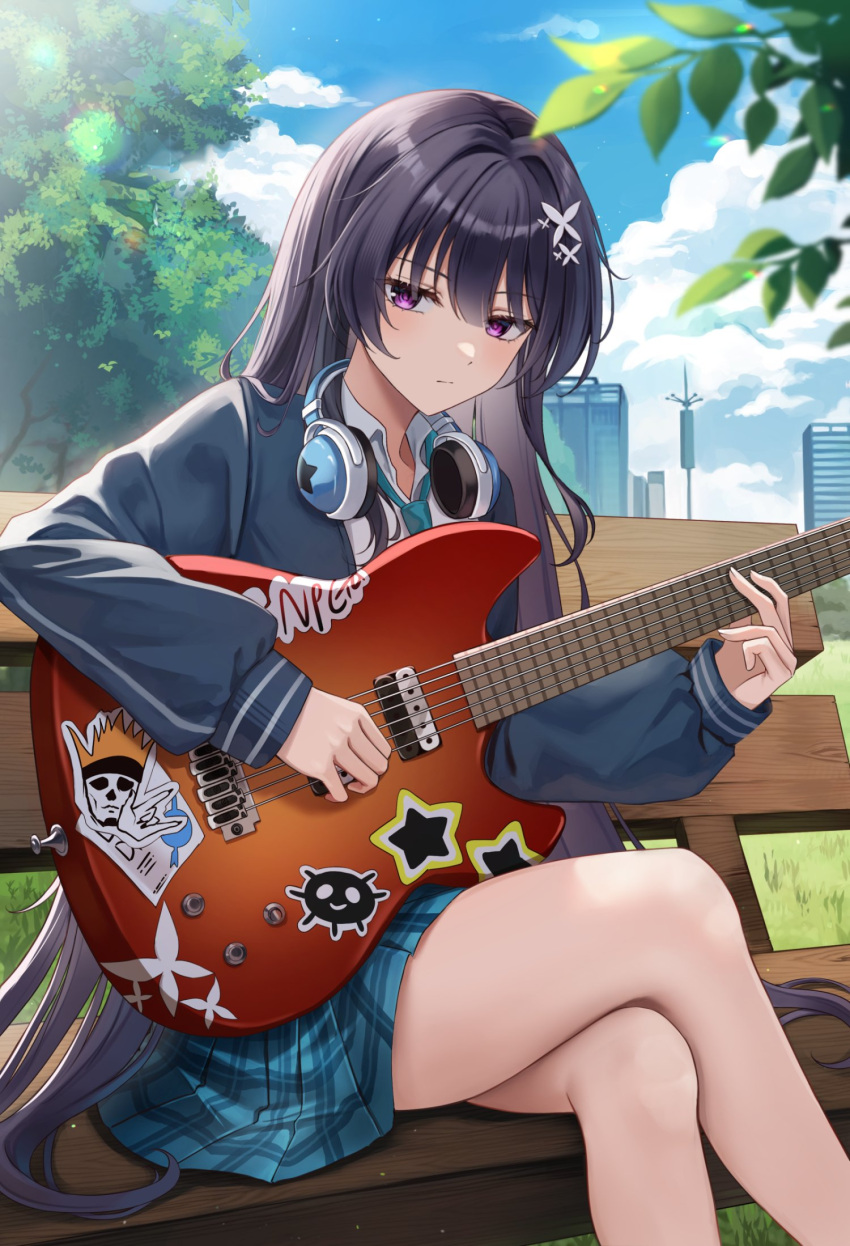 1girl aqua_necktie black_hair blue_jacket blue_skirt blue_sky blush building clouds cloudy_sky collared_shirt counter:side crossed_legs day expressionless grass hair_intakes hair_ornament headphones headphones_around_neck highres jacket jin_bora_(counter:side) long_hair long_sleeves looking_at_viewer miniskirt necktie on_bench outdoors plaid plaid_skirt playing_guitar pleated_skirt pora_0918 shirt sitting skirt sky skyscraper solo star_(symbol) sticker straight_hair tree very_long_hair violet_eyes white_shirt wooden_bench