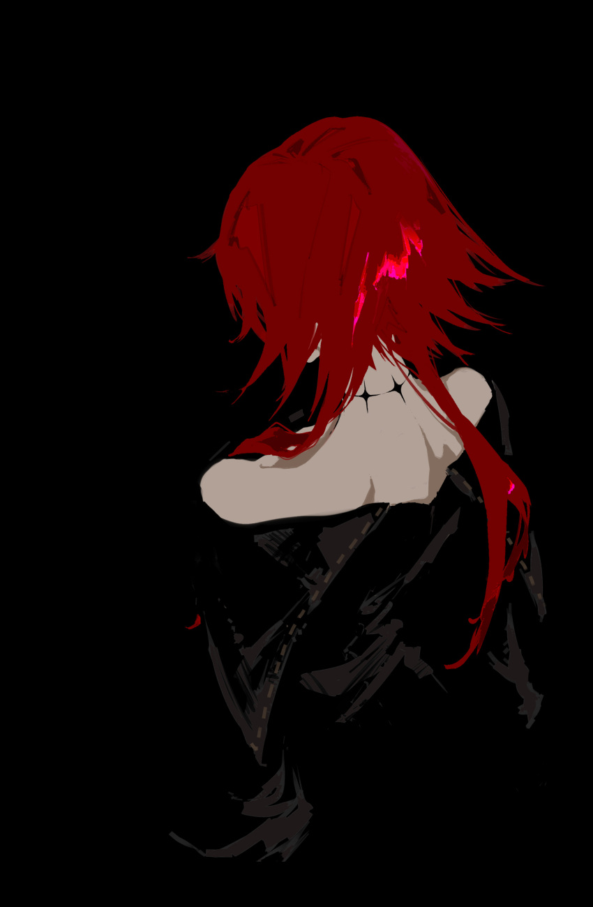 1other absurdres bare_shoulders black_background black_dress commentary_request crimson_(ragna_crimson) dress from_behind highres long_hair neck_tattoo ponytail ragna_crimson redhead simple_background tattoo upper_body victima