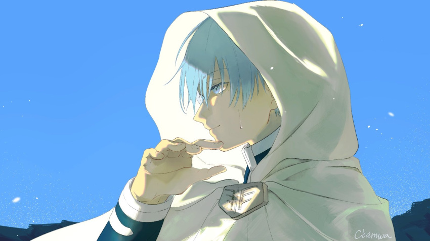1boy artist_name blue_eyes blue_hair blue_sky cape capelet chamwa closed_mouth commentary english_commentary hand_up highres himmel_(sousou_no_frieren) hood hood_up hooded_cape light_particles long_sleeves male_focus mole mole_under_eye short_hair sky solo sousou_no_frieren tears upper_body white_capelet