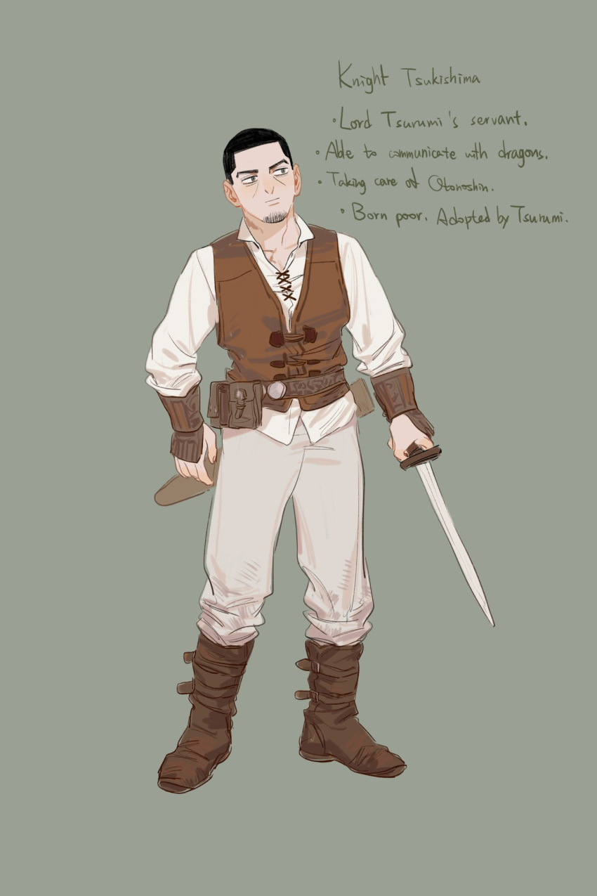 1boy alternate_universe black_hair boots bracer brown_footwear brown_vest chengongzi123 closed_mouth collared_shirt english_commentary english_text facial_hair full_body goatee_stubble golden_kamuy green_background green_eyes highres holding holding_sword holding_weapon looking_to_the_side male_focus mixed-language_commentary pants sheath shirt short_hair simple_background standing stubble sword tsukishima_hajime unsheathed very_short_hair vest weapon white_shirt