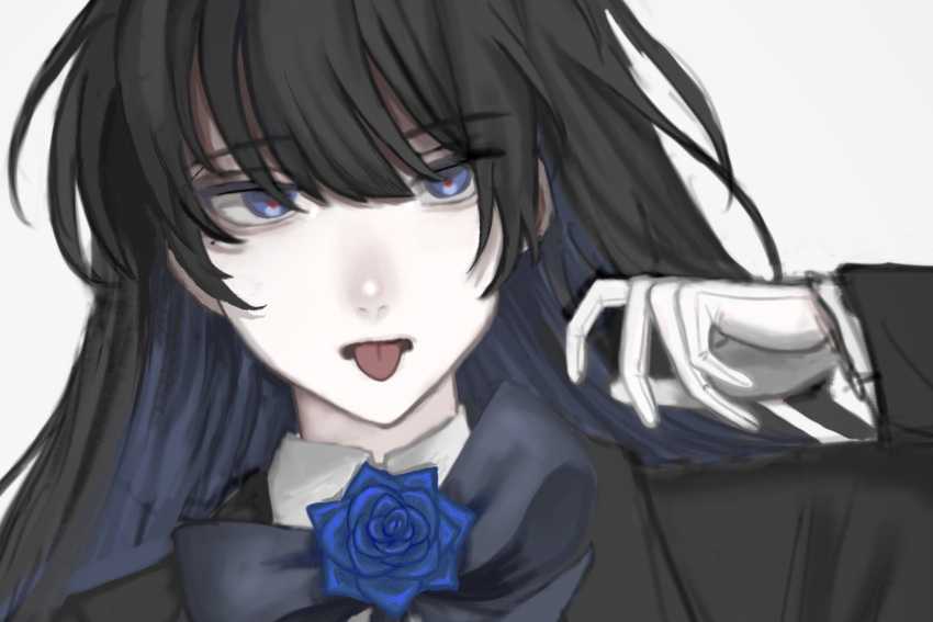 1girl ado_(utaite) black_coat black_hair blue_bow blue_bowtie blue_eyes blue_flower blue_hair blue_rose bow bowtie chando_(ado) cloud_nine_inc coat collared_shirt colored_inner_hair commentary flower flower_brooch gloves grey_background hair_between_eyes hand_up highres long_hair long_sleeves mole mole_under_eye multicolored_hair open_mouth portrait raiko_(rai_ko_34) red_pupils rose shirt simple_background solo tongue tongue_out two-tone_hair utaite white_gloves