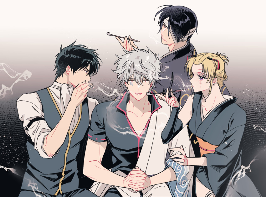 1girl 3boys black_hair blonde_hair cigarette commentary_request feizhajichu gintama highres hijikata_toushirou holding holding_cigarette holding_smoking_pipe japanese_clothes kimono multiple_boys sakata_gintoki smoke smoking smoking_pipe takasugi_shinsuke tsukuyo_(gintama) white_hair