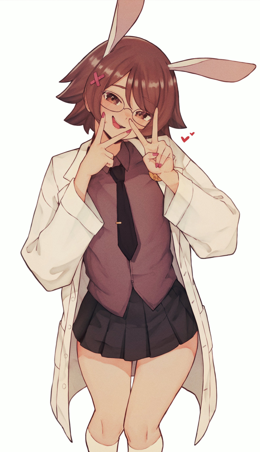 1girl absurdres animal_ears black_necktie black_skirt brown_eyes brown_hair collared_shirt cowboy_shot double_v extra_ears glasses heart highres indie_virtual_youtuber kneehighs lab_coat light_blush long_sleeves mishapyon_(vtuber) necktie open_mouth pleated_skirt rabbit_ears rabbit_girl red_nails red_shirt shirt sidelocks simple_background skirt socks solo teeth untucked_shirt upper_teeth_only v varniskarnis virtual_youtuber white_background white_socks